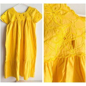 Vintage Sew Well Fashions Floral Embroidered Yellow Cotton Summer Dress M